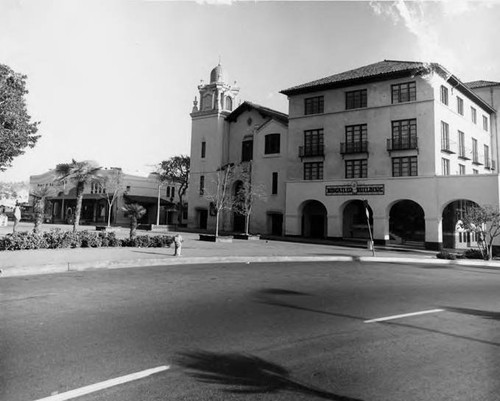 Biscailuz Building and Methodist church looing from FR. Serra Park