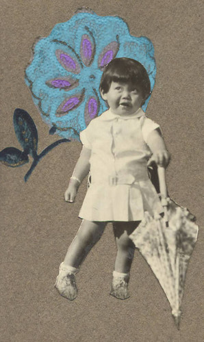 Photo of Shirley Siu cut out and pasted with blue flower