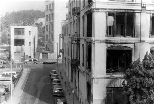 Brunswig Garage and south facade of Brunswig- Vickrey and Brunsiwig Laboratory Buildings. Looking west on Republic Street to New High