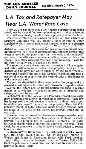 "Concerning a test case to determine whether of not my ownership of my home in the water district would disqualify me from presiding over an important water case," said Delbert Wong. The name of the case is Central and West Basin Water Replenishment District v. Wong