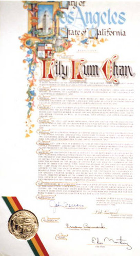 Award to Lily Lum Chan by the City of Los Angeles