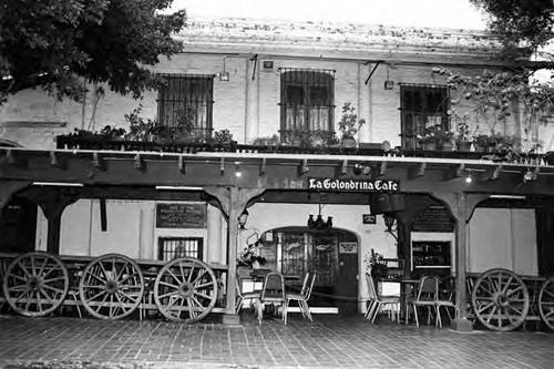 Pelanconi House, Olvera Street side showing La Golondrina restaurant