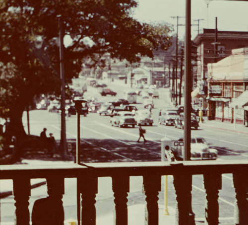 Lugo House (looking from 2nd floor) before demolition. Sunset Boulevard, Simpson building on the right and the Hotel Pacific behind the Simpson building