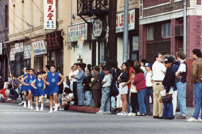 Chinese New Year parade celebrating the Year of the Ram on February 16, 1991. Pictured is a group of girls in blue uniforms