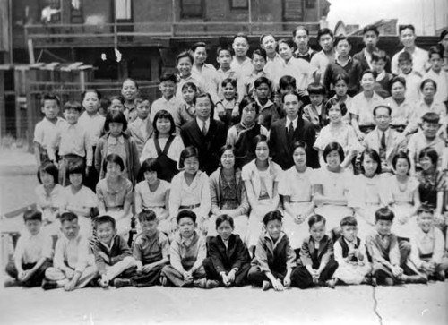 Left side of Los Angeles Chung Hua School group picture. On the back: Harry Quillen 418 s. Ramona Ave., Monterey Park, CA)