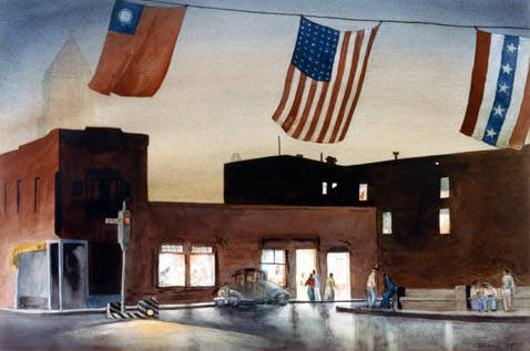 Watercolor on paper entitled "Plaza Los Angeles" by Tom Craig of the Plaza Firehouse on the corner and other buildings