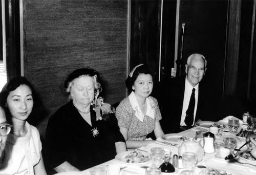 (From left to right) Jenny Lee Wong, Mrs. Lapham, Lillie Soo Hoo and Mr. Herbert Lapham, the co-founder of New Chinatown, at the General Lee's Restaurant. Peter Soo Hoo Sr. contacted Lapham to obtain land where Chinatown now stands