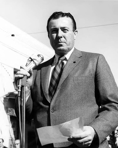 Closeup shot of Hubert Laugharn speaking at Sunset Boulevard closing