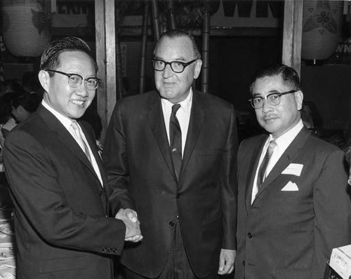 Governor Pat Brown and Judge John Aiso, the first Japanese American to be appointed to the bench in the United States, were participants at another event pictured here with Delbert Wong