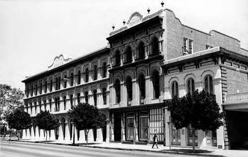 Merced Theater and Pico House together, front and side view, taken from intersection of Main Street and Arcadia Street