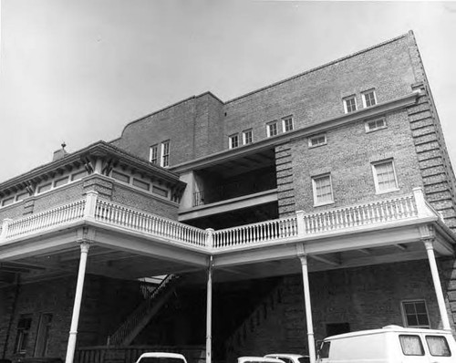 Back view of Merced Theater looking up from parking lot