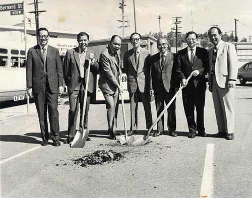 Ground breaking of Mandarin Plaza, Chinatown, Los Angeles. Attending are Wilbur Woo, Poy Wong, Bob Gee and Davis Chen