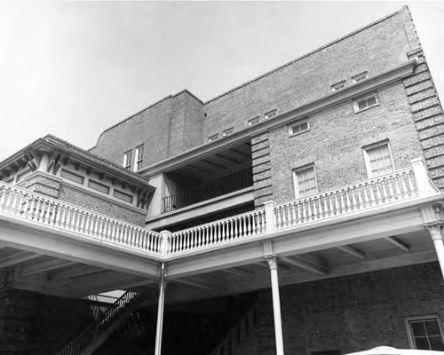 Back view of Merced Theater looking up from parking lot