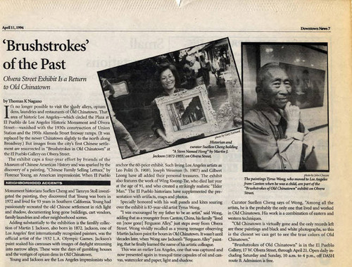 Article from the Downtown News about the exhibit "Brushstrokes in Old Chinatown," including a photo of Suellen Cheng and a photo of Tyrus Wong