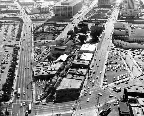 Aerial view of El Pueblo Park and surrounding downtown area