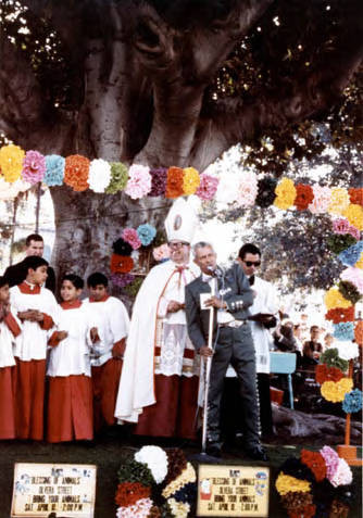 Crowds of people clebrating in the Plaza and on Olvera Street