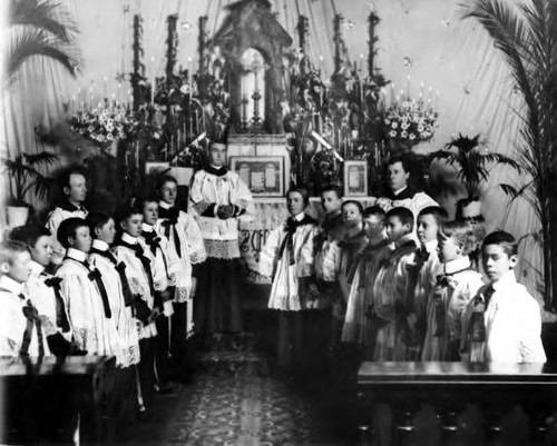 Interior of the Plaza Church showing altar and altar boys