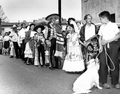 Line of people and animals for procession of Blessing of the Animals