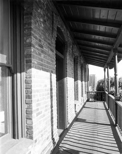 Photograph of Sepulveda House balcony, second floor Olvera Street side