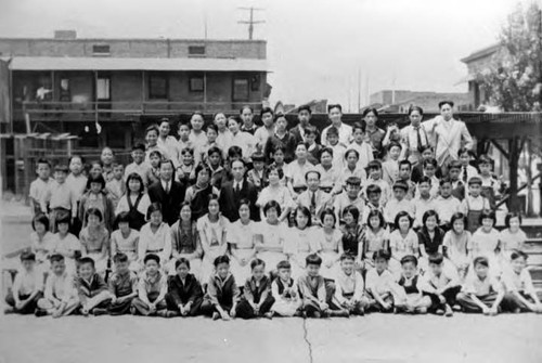 Los Angeles Chung Hua School group picture. On the back: Harry Quillen 418 s. Ramona Ave., Monterey Park, CA)