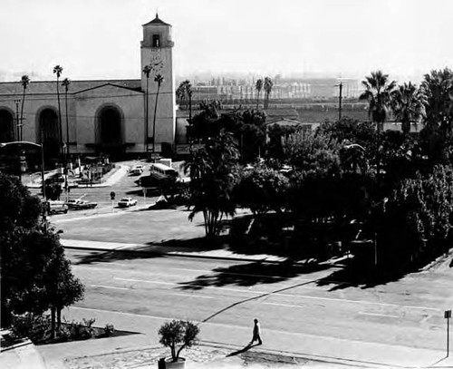 Photograph of Father Serra Park taken from the roof of the Pico House, provides a view of Union Station, Los Angeles Street and Alameda Street