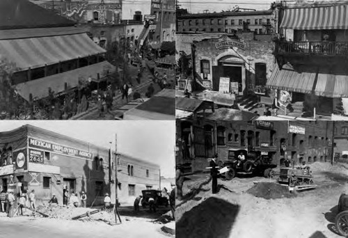 Christine Sterling Exhibition: 4a. Pre-paving work on the south end of the Olvera Street, photo courtesy Los Angeles Times. 4b. Pre-paving work on the north end of Olvera Street. 4c. Casa la Golondrina and the Siqueiros Mural 4d. Olvera Street Theater and the Sepulveda Block