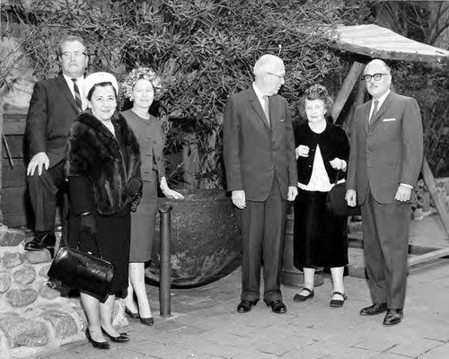 Christine Sterling with Carl Dentzel, Mrs. Senaida Sulliva, Mrs. Harold C. Morton, and Judge Faries in front of the Avila Adobe