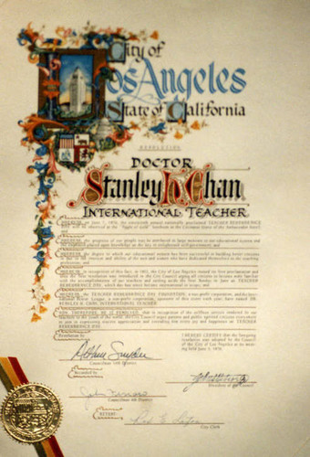 Award presented to Stanley Chan by the City of Los Angeles