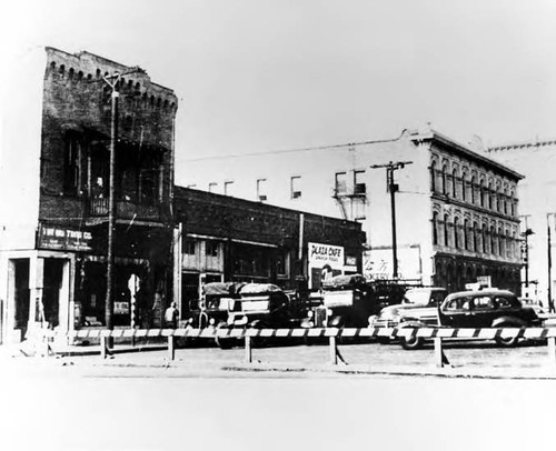 View of Plaza Firehouse, Chinese store and Pico House looking southwest