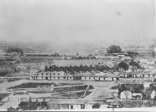 View of the plaza looking east. Earliest known outdoor photo of Los Angeles