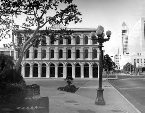 Plaza facade of Pico House with City Hall in background