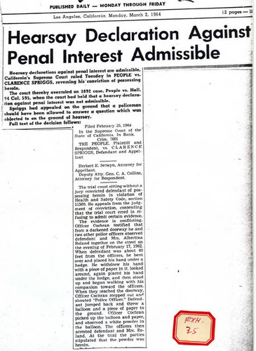 Hearsay Declaration Against Penal Interest (Metropolitan News, March 2, 1964, page 1)