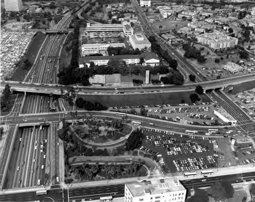 Aerial photo of the Hollywood Freeway and Broadway, Hill and Spring Streets