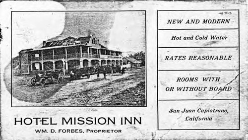 Hotel Mission Inn, WM. D. Forbes, Proprietor, business card