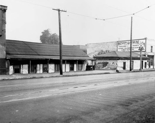 Sonoratown adobes on North Broadway: Santa Cuz Adobe (left) and Gallardo Adobe (right) Demolished in 1957