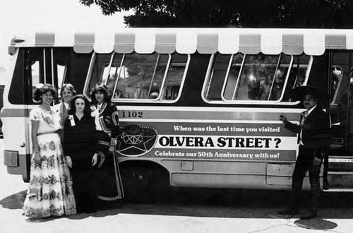 Olvera Street's fiftieth anniversary. Present in the photo are Caroline Asencio and Manuel Murillo