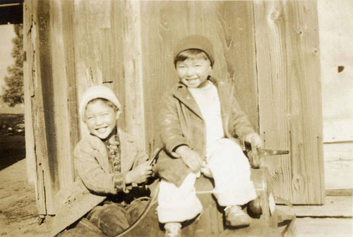 Photo of two boys, when Flo and Rodney brought Mrs. de Lima down on a tour of southern California