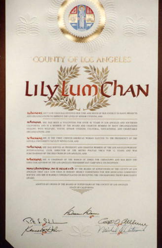 County of Los Angeles award to Lily Lum Chan