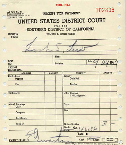 United States District Court for the Southern District of California, receipt for payment of $3 for naturalization