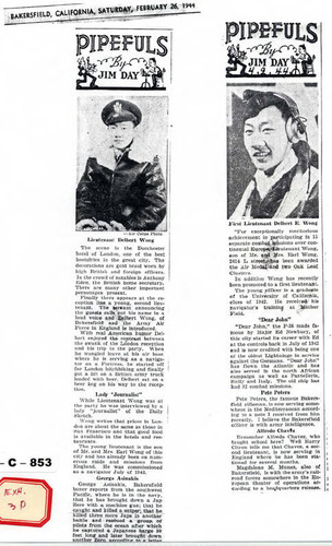 These newspaper articles are from Alice Wong's scrapbook which talk about Delbert Wong's wartime experiences. Delbert Wong was elevated to First Lieutenant during the war