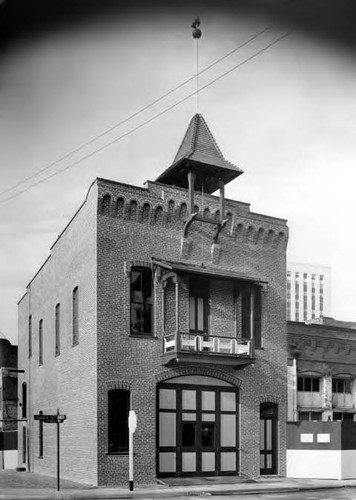 Exterior shot of the Firehouse on the corner of Los Angeles Street and Calle de la Plaza