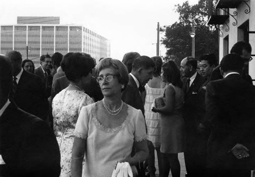 Crowd on balcony of Biscailuz building for the reception for the President of Mexico