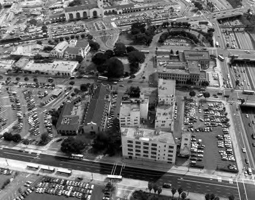 Birdeye view of Los Angeles which includes Union Station and Olvera Street