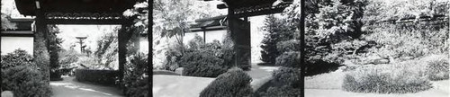 Three photos: the front view of the entrance to a garden, the back view of the entrance, photo of a garden