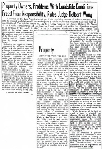 Responsibility of property owners for landslides (L.A. Daily Journal page 1)