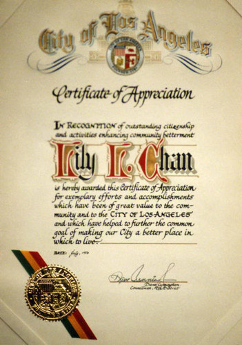 Certificate of Appreciation by the City of Los Angeles presented to Lily Lum Chan