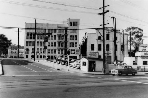 Looking northwest from Union Station, Biscailuz Building and Methodist church