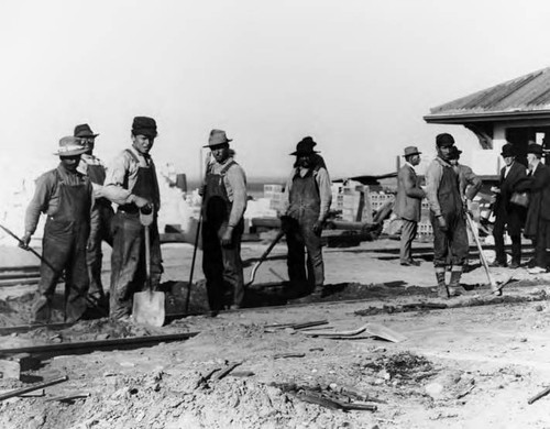 Mexican railroad workers in the San Fernando Valley (possibly the Van Nuys Station)