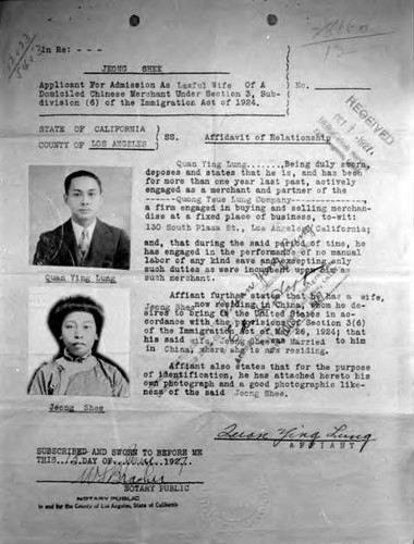 Applicant for admission as lawful wife- upper right: Received October 7, 1927, Immigration Service, Los Angeles, California middle: Exempt status of affiant 2--Y--L--conceded this date on basis of _______ thereof submitted. Ed L. _______ opp Acting Commissioner of Immigration Port of San Francisco, California. Date - October 5, 1927 bottom left: 15 day of June 1927, W.S. Brasher Notary Public