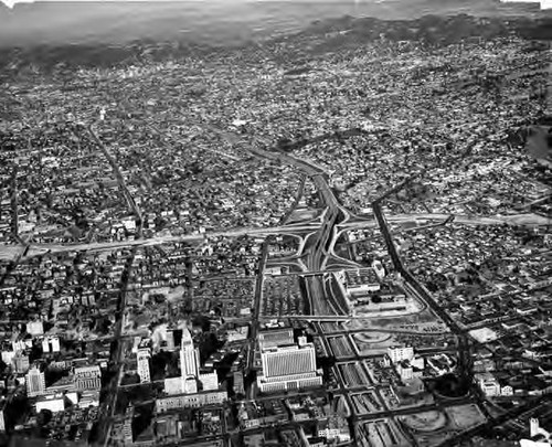 Photograph taken looking westward along Hollywood Freeway, showing the Los Angeles Civic Center